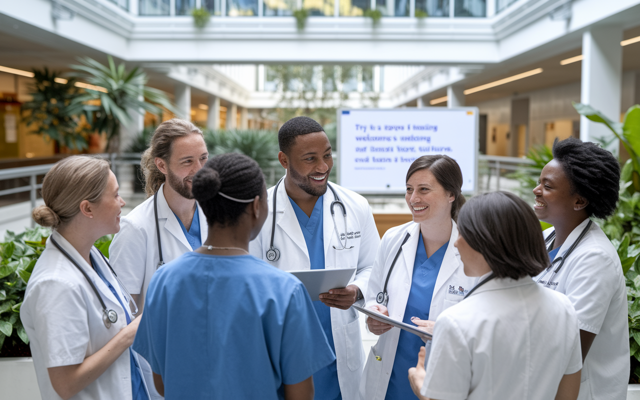 A diverse group of medical residents interacting in a bright, open-air atrium of a hospital. They are engaged in friendly conversation, laughing, and supporting one another while reviewing case files. The environment is busy yet friendly, with natural light flooding in and plants around, promoting a sense of wellness and teamwork. There is a whiteboard in the background displaying a welcoming message, enhancing the inclusive culture.