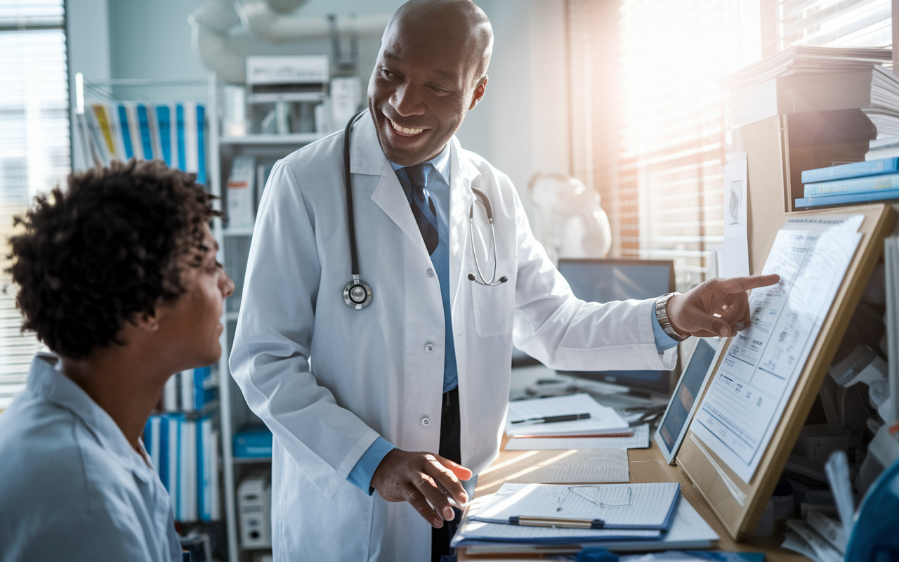 An experienced medical mentor, in a lab coat, guiding a young resident in a clinical setting, surrounded by medical charts and equipment. The mentor gestures enthusiastically, pointing at a chart, showcasing passion for teaching. The atmosphere is bright, with sunlight streaming through the window, highlighting the bond of mentorship and excitement in learning. The room is cluttered with medical books and resources that signify a supportive learning environment.