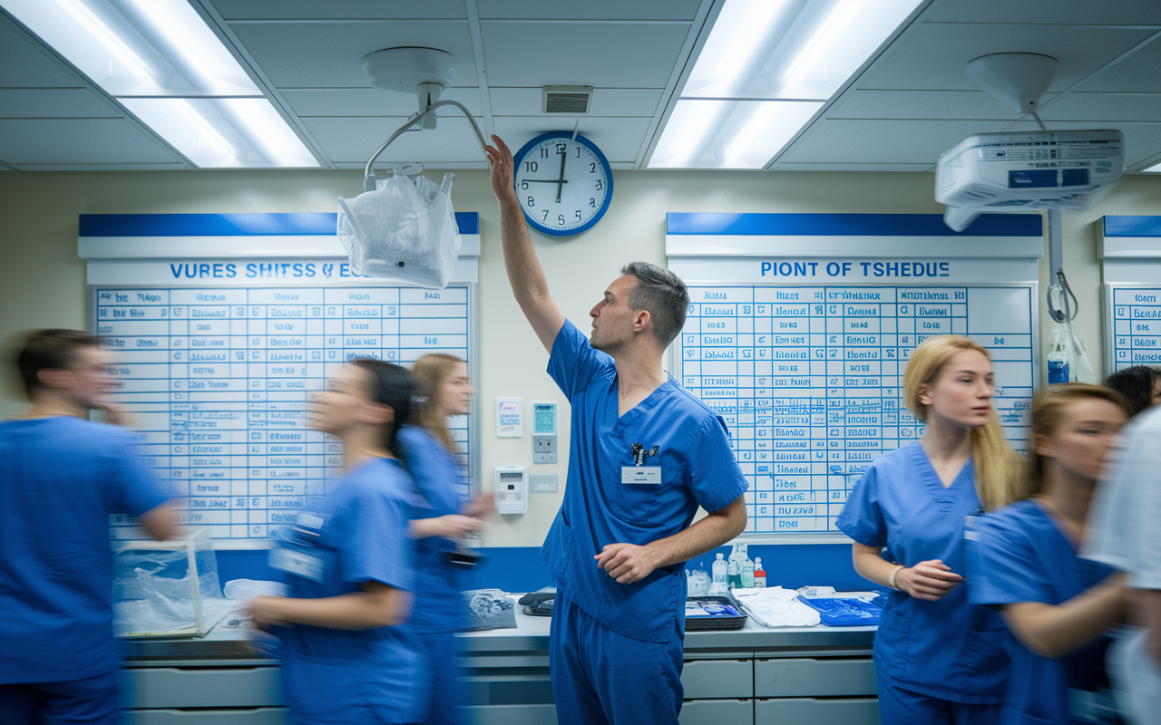 A resident physician at a busy hospital, wearing scrubs, checking the time above a bustling nurses' station. The visuals depict a packed schedule of shifts on a whiteboard, while colleagues converse energetically around them. Fluorescent lights and the sounds of a hectic emergency room set the scene, expressing urgency yet the determination of the residents. A wall clock shows it's late, indicating the challenge of managing time during residency.