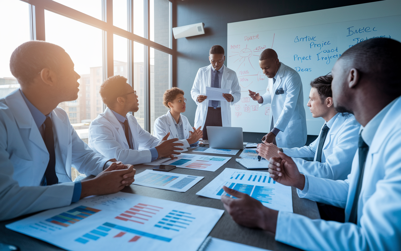 A group of medical residents engaging in a research meeting, surrounded by charts, graphs, and laptops. The setting is a spacious conference room with large windows and a whiteboard filled with ambitious project ideas. The atmosphere is collaborative and innovative, with residents actively contributing ideas. Soft lighting emphasizes the focus on intellectual growth and the excitement of research.