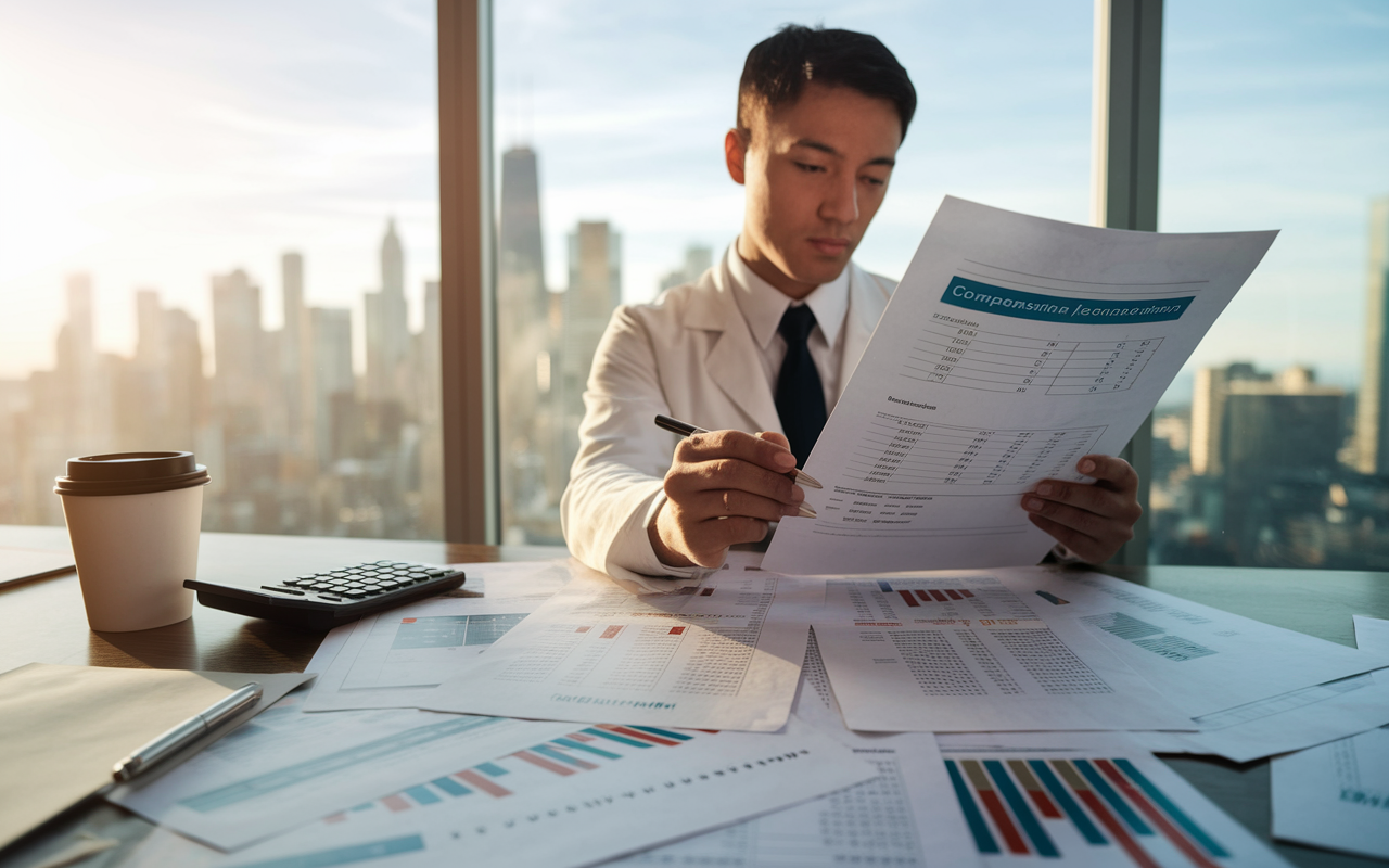 A young resident reviewing a detailed compensation package at a desk scattered with financial documents. The background shows a city skyline through a large window, symbolizing the cost of living. The desk is organized with a calculator, pen, and a coffee mug, giving a sense of careful consideration. Warm afternoon light illuminates the scene, highlighting the importance of financial planning in a medical career.