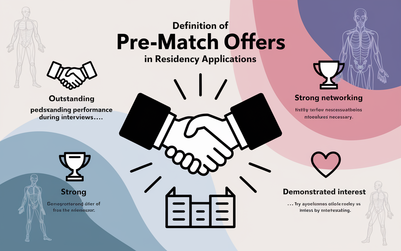 An infographic displaying the definition and significance of pre-match offers in residency applications. The infographic highlights key points like 'Outstanding Performance during Interviews', 'Strong Networking', and 'Demonstrated Interest', visually represented with icons of a handshake, a trophy, and a heart. The background is a soft gradient of medical-themed colors with anatomical sketches, evoking a sense of professionalism and educational context.