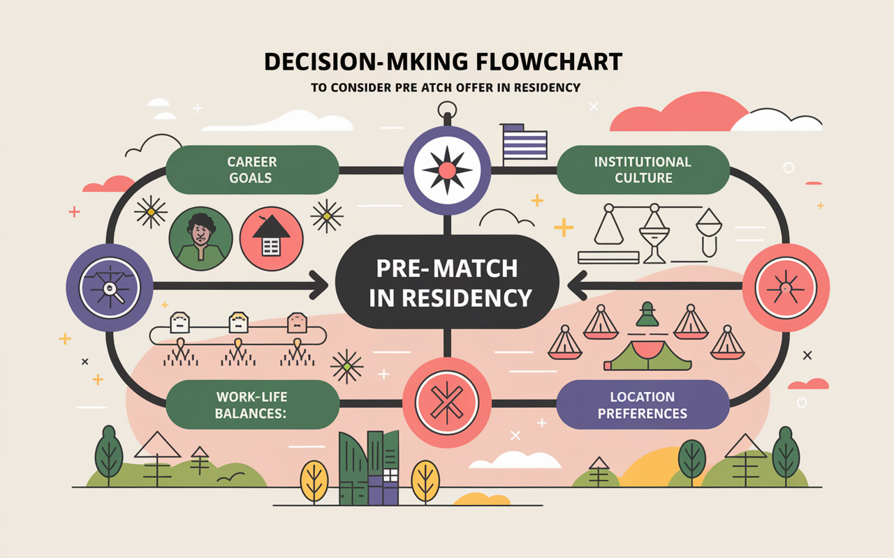 A visual representation of a decision-making flowchart with vibrant colors and symbols, depicting the essential factors to consider before accepting a pre-match offer in residency. The flowchart includes sections for Career Goals, Institutional Culture, and Lifestyle Considerations, each illustrated with relevant icons—like a compass for career direction, a balance scale for work-life balance, and a home for location preferences. The background is soft, allowing the flowchart to be the focal point, conveying the seriousness of the decision.