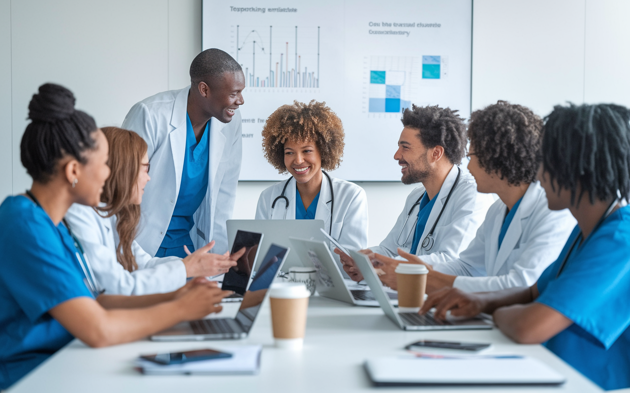 A vibrant scene of a group of diverse medical residents engaged in a collaborative discussion in a bright, modern conference room. They are seated around a large table, filled with laptops, notebooks, and coffee cups. Their expressions show enthusiasm and camaraderie, emphasizing the importance of mentorship and relationships in residency. In the background, a whiteboard displays charts and diagrams, illustrating teamwork in action. The mood is positive and energetic, capturing a supportive training environment.