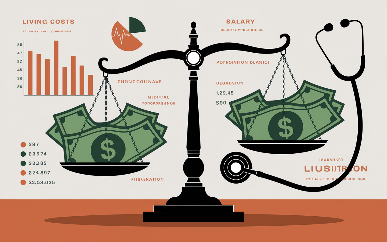 An artistic representation of a scale balancing dollar bills on one side and a stethoscope on the other, symbolizing the financial and medical aspects of residency decisions. Background elements include charts showing living costs and salary comparisons, creating a cohesive theme around financial planning. The illustration is warm and inviting, emphasizing the importance of monetary factors while also capturing the medical profession's essence.