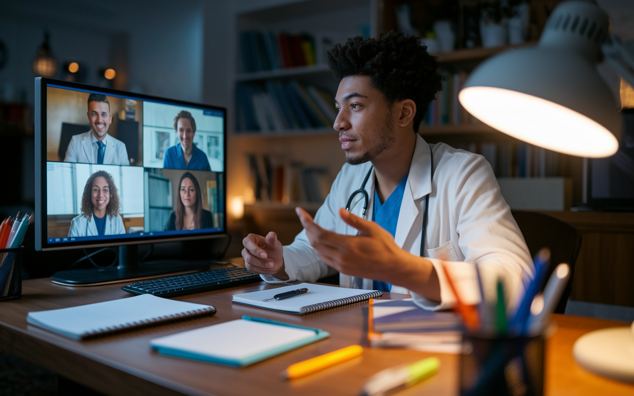 A focused young resident at their desk in a cozy home office, engaged in a video call with program coordinators. The screen reflects their active interest, with notepads and pens scattered for engagement. The desk is adorned with medical textbooks, and the warm glow of a desk lamp creates an inviting atmosphere for discussion. This image illustrates the importance of communication and negotiation in the decision-making process, highlighting both professionalism and approachability.