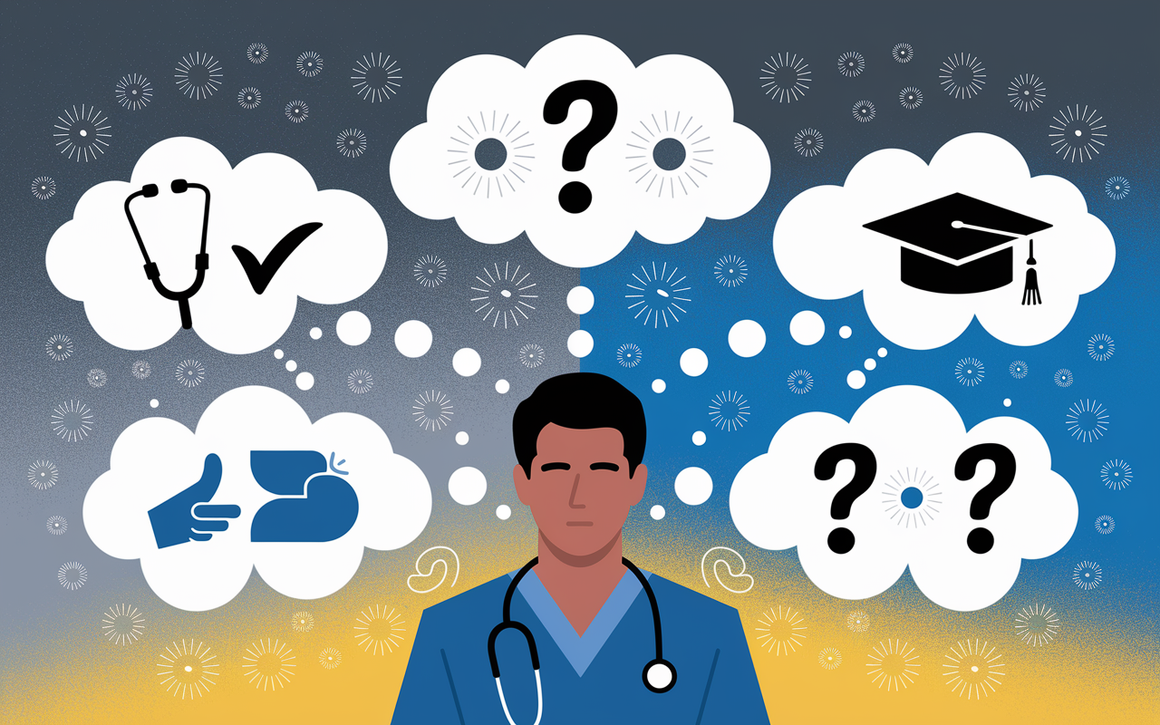 A vibrant and emotional illustration depicting the inner thought process of a medical resident surrounded by clouds representing uncertainty, choices, and dreams. The clouds contain symbols like a stethoscope, a graduate cap, a checkmark, and question marks. The background transitions from anxious greys to hopeful blues and yellows, symbolizing the journey of making significant decisions in one's medical career. This artwork aims to evoke the complex emotions surrounding the residency selection process.