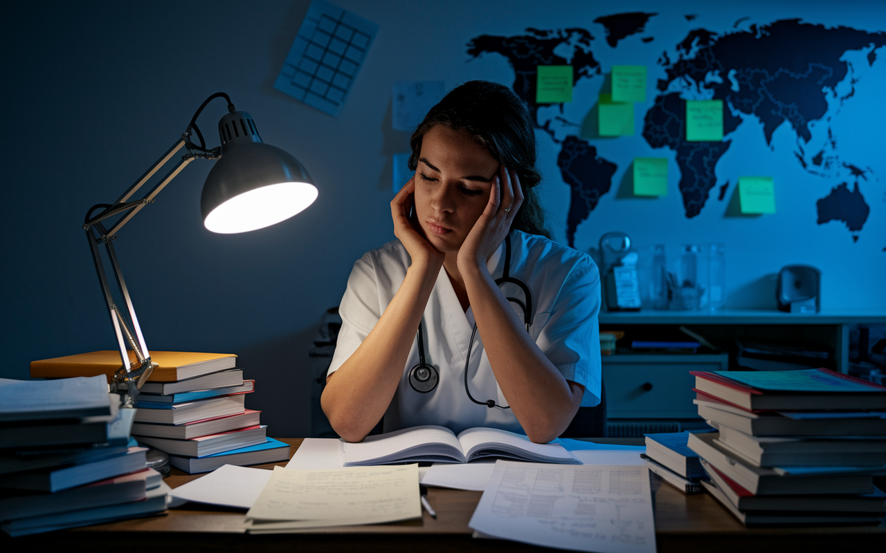 A focused medical student alone at a desk cluttered with medical books and notes, reflecting on their career goals. The dim light from a study lamp casts a warm glow, highlighting the deep concentration on their face, with a world map and post-it notes of priorities pinned on a nearby wall.