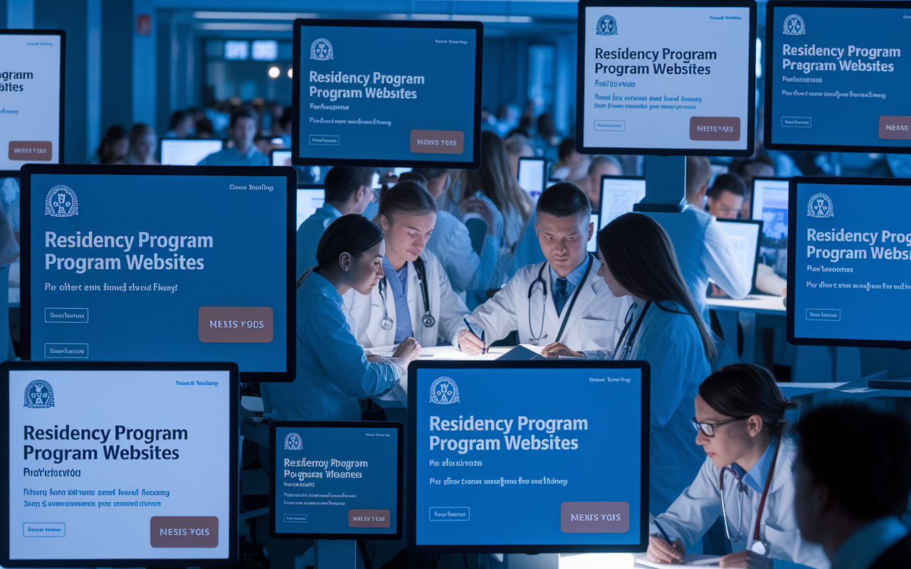 A collage of screens displaying various residency program websites and reviews, set against a backdrop of a busy medical library. The atmosphere is focused and studious, with students engrossed in discussion and taking notes, illuminated by the cool glow of computer screens and overhead lights.