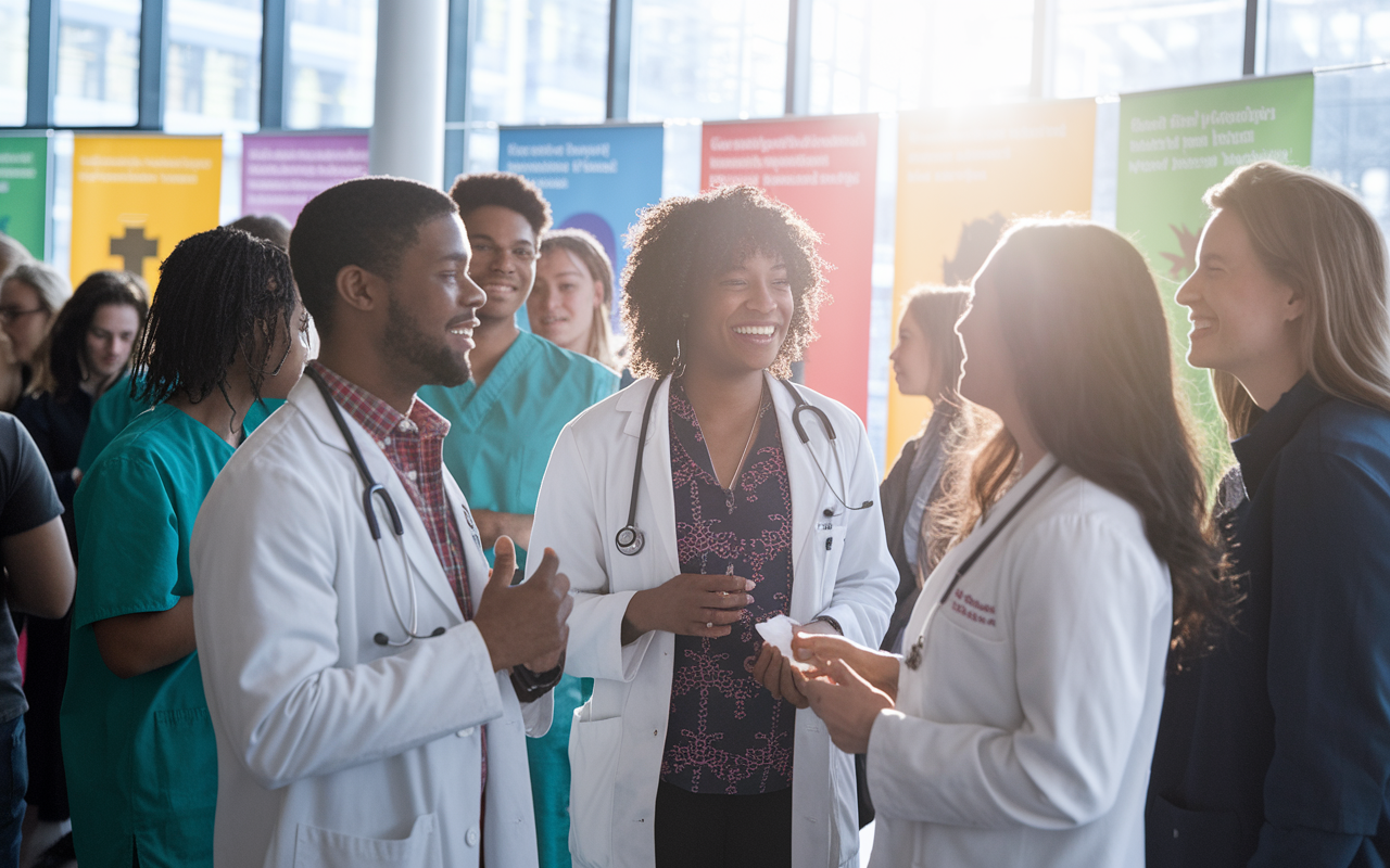 A vibrant scene at a residency diversity event, where current residents share their experiences with diverse groups of aspiring physicians. Colorful banners highlight inclusivity, with attendees engaged in discussions and sharing laughter. Natural sunlight filters through large windows, enhancing the welcoming atmosphere.