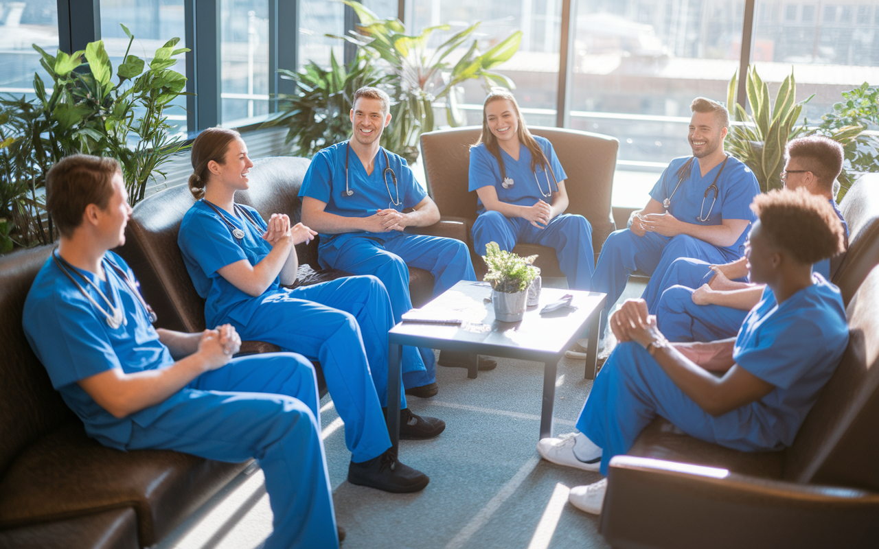 A group of medical residents in scrubs relaxing in a lounge area, animatedly discussing their daily experiences and advice for future applicants. The lounge is cozy with plants and comfortable seating, with sunlight streaming in, creating a sense of camaraderie and support.