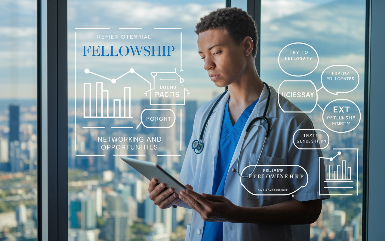 A thoughtful young physician standing before a window overlooking a cityscape, meticulously planning their career path with a tablet in hand. Charts and graphs on the screen illustrate potential fellowship paths and networking opportunities, with a determined expression reflecting ambition and foresight.