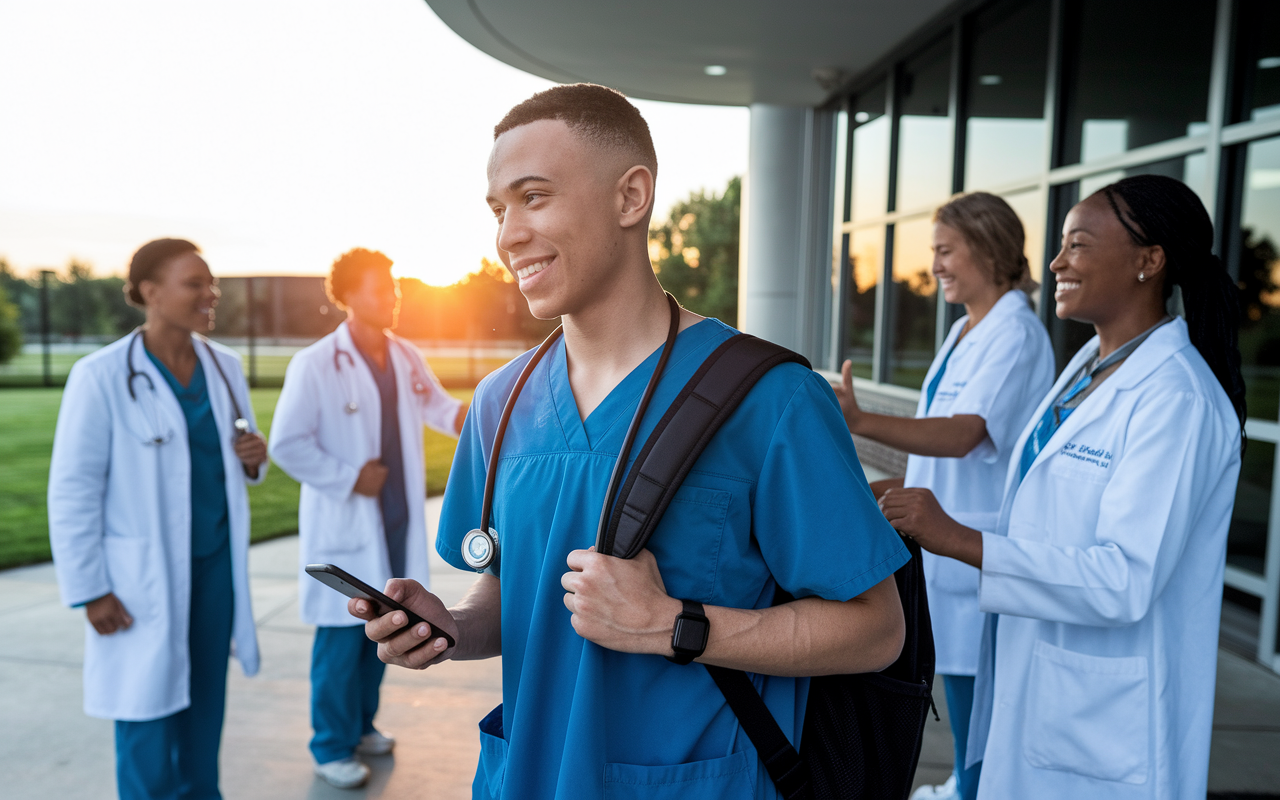 A motivated medical student standing at the entrance of a hospital, phone in one hand and a backpack in the other, with enthusiastic current residents greeting them. The sun sets in the background, symbolizing new beginnings as the student prepares for their first day of residency.