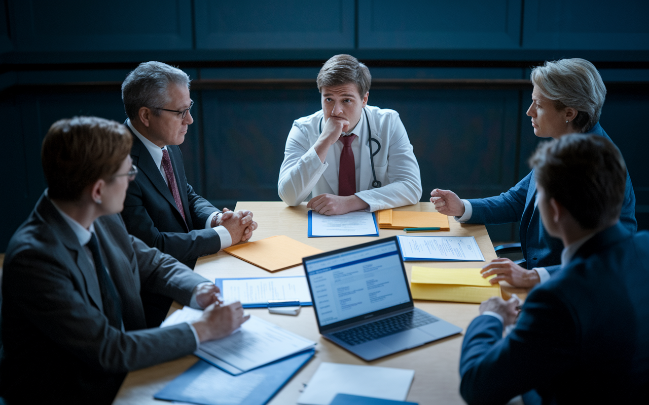 A worried medical resident sitting at a conference table with program directors, surrounded by vague brochures and official documents. The room is dimly lit, reflecting a sense of uncertainty. The resident’s expression shows confusion and concern as they look for clarity. Informal notes and an open laptop with search results for program accreditation are scattered across the table, emphasizing the need for transparency.