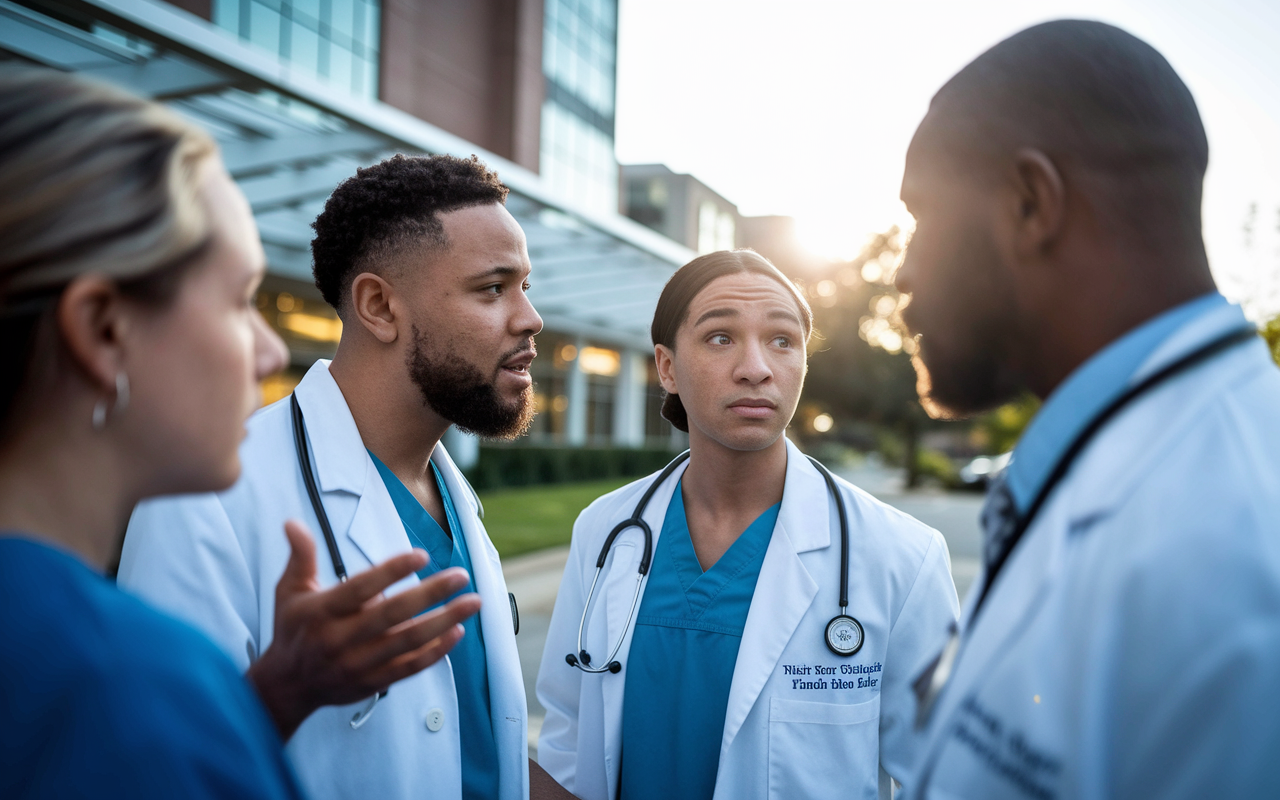 A medical resident engaged in a conversation with two former residents outside a hospital. Their expressions are serious as they share experiences, with one of the former residents gesturing with a concerned look. The setting features hospital architecture in the background, with the warm glow of the evening sun creating a friendly atmosphere, contrasting the gravity of the discussion.