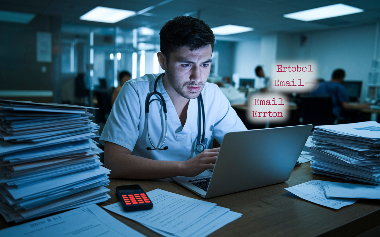 A medical resident reading an email on their laptop with noticeable errors highlighted in red. The glow of the screen casts a worried expression on their face, while a stack of unorganized papers and a phone with many missed calls lie in disarray on the desk. The surrounding office space is cluttered, indicating turmoil and mismanagement.