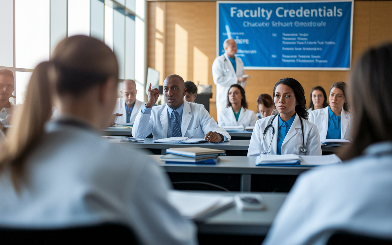 A medical resident in a lecture hall observing a presentation given by a professor, with a banner showcasing faculty credentials. The focus is on the professor who is dynamically engaging with the audience, while a few residents in the crowd look skeptical. Natural lighting enters through large windows, emphasizing the educational atmosphere. Various medical books are visible on the tables where residents are seated.