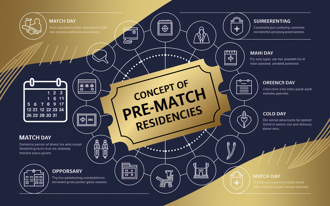 A visual infographic showcasing the concept of pre-match offers in medical residencies. At the center is a golden ticket symbolizing opportunity, surrounded by icons representing residency programs, a calendar marking Match Day, and diverse medical specialties. The background is a sophisticated blend of blue and gold hues, illustrating the competitive landscape of medical careers.