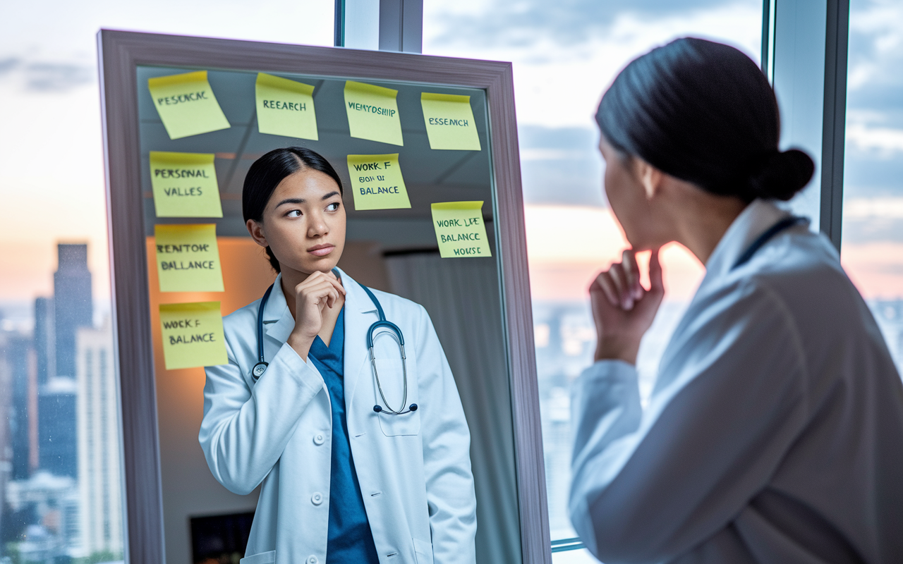 A medical student in a thoughtful pose, looking at a reflection in a mirror that has sticky notes with career goals, personal values, and aspiration tags, such as 'Research', 'Mentorship', and 'Work-Life Balance'. The ambiance is contemplative, with soft lighting creating a serene atmosphere, as a city skyline is visible outside the window.