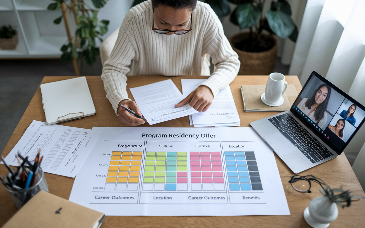 A student surrounded by neatly organized paperwork, comparing multiple residency offer letters, with a large chart displaying 'Program Structure', 'Culture', 'Location', 'Career Outcomes', and 'Benefits'. The room is well-lit, invoking a sense of diligence and determination, with a laptop open showing a video call with a current resident.