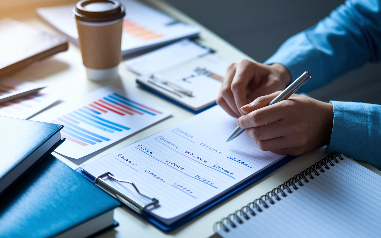 A close-up of a student's workspace with a scoring system on a notepad, showcasing offers ranked with scores written alongside criteria. The desk is cluttered with charts, medical books, and a coffee cup, exuding an air of focused concentration. The lighting is bright but soft, enhancing the meticulous nature of decision-making.