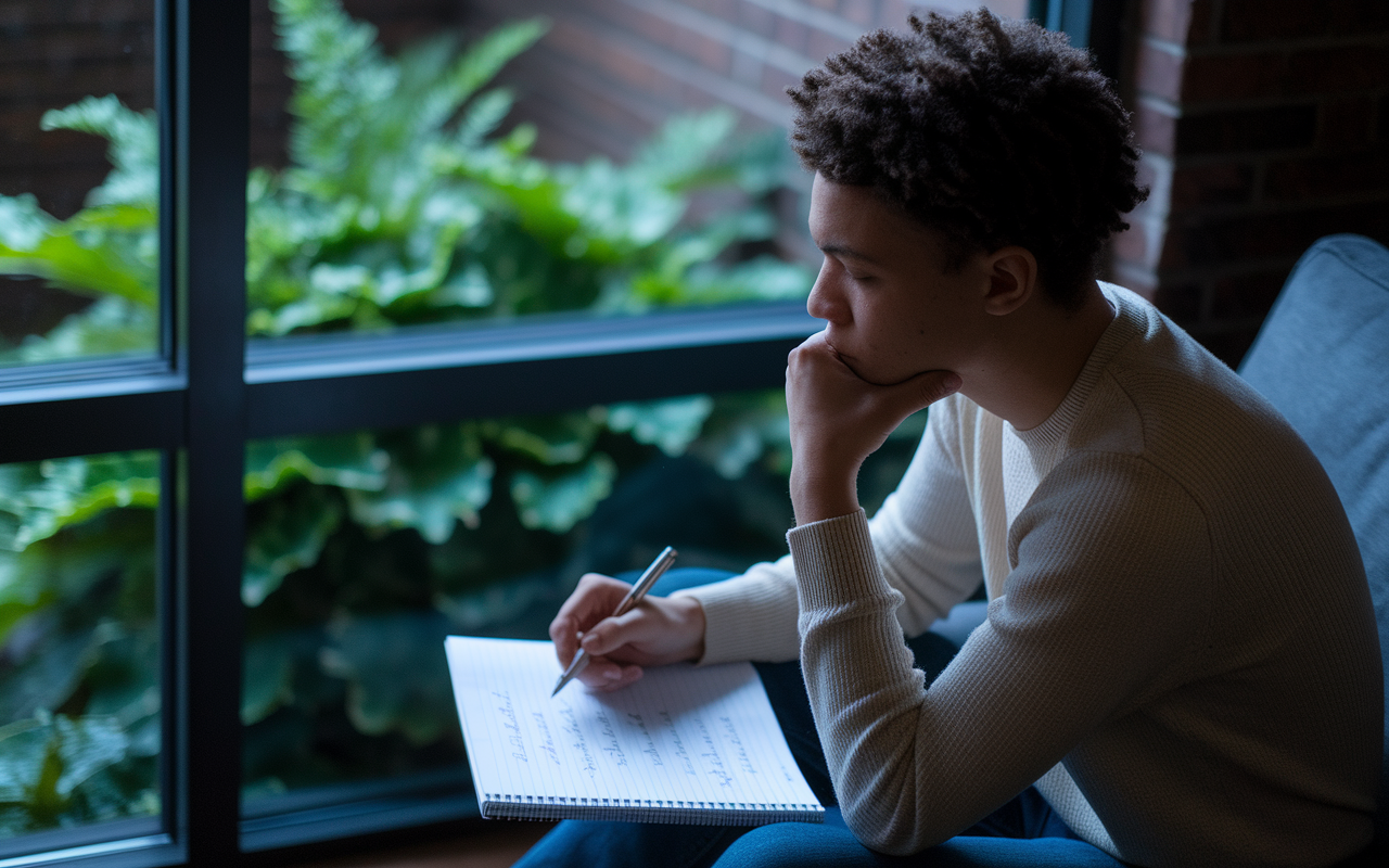 An introspective scene featuring a student sitting on a couch, reviewing their ranked offers on a notepad, deep in thought. Behind them, a serene window view with a garden can be seen, symbolizing personal growth. Dim ambient lighting highlights their contemplative expression as they mull over program cultures and personal philosophies.