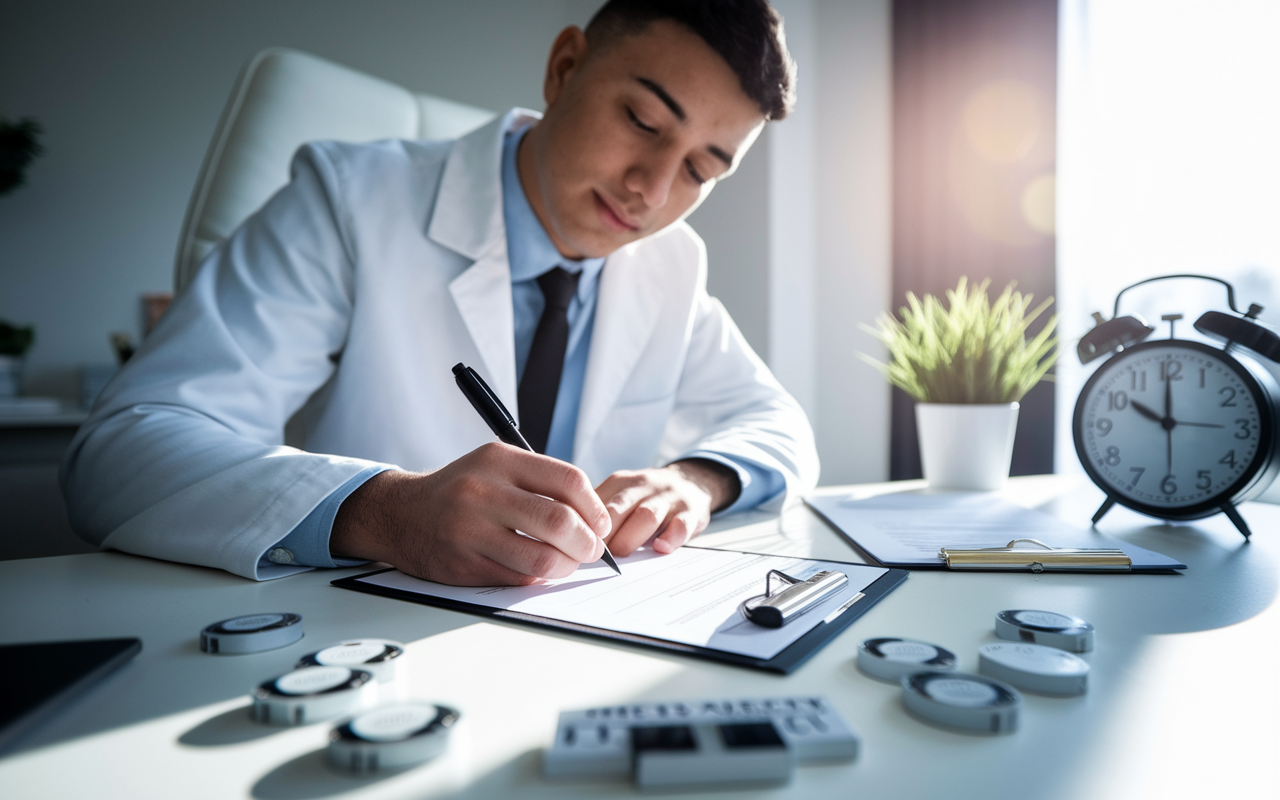 A decisive moment where a student, with a determined look, is signing acceptance forms at their sleek desk adorned with medical paraphernalia and a clock ticking towards decision day. Sunlight fills the room, symbolizing optimism for the future. Scattered around are mini awards and accolades in medicine illustrating their journey up to this point.