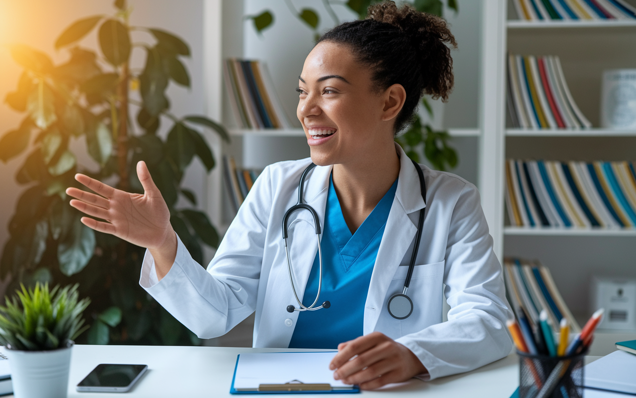 An upbeat medical student on a video call with a residency program coordinator, enthusiastic about joining the team. The study is well-organized, with medical textbooks in the background and a potted plant, symbolizing growth and new beginnings. Warm and inviting lighting enhances the sense of anticipation for the residency.