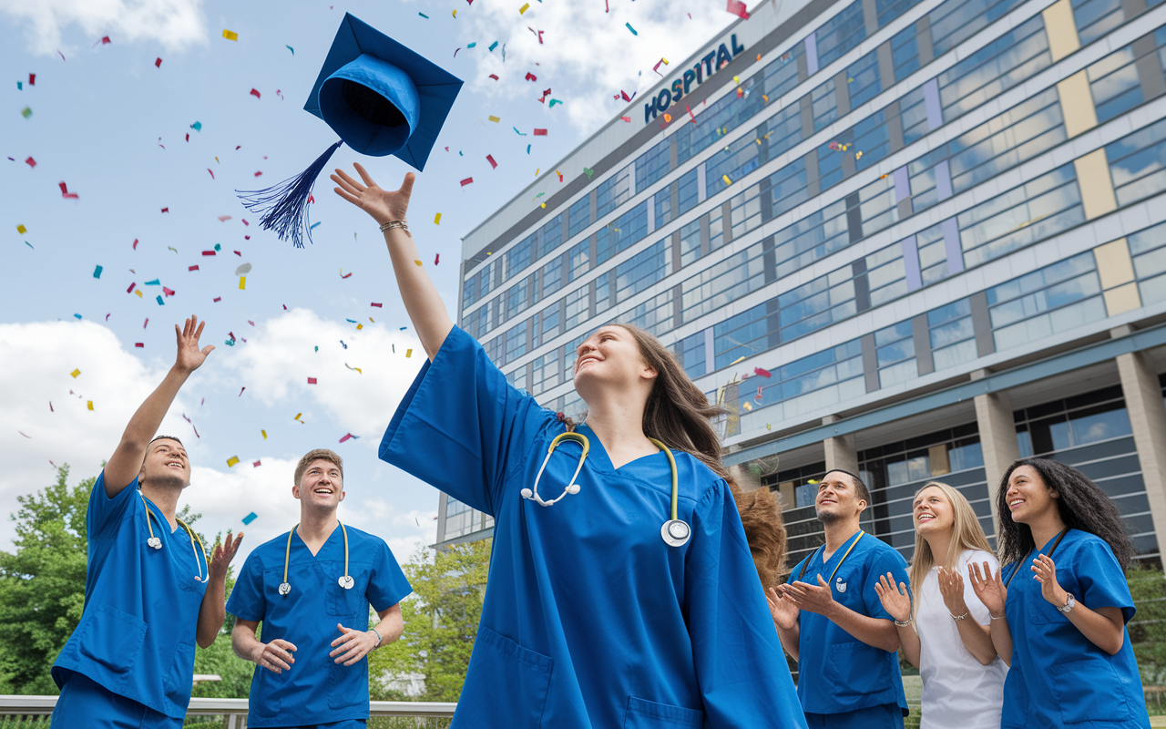 A celebratory scene showing a graduating medical student throwing their cap in the air in front of a hospital, symbolizing the beginning of their residency journey. Vibrant colors create a sense of joy and accomplishment, with confetti fluttering through the air and family members cheering in the background.