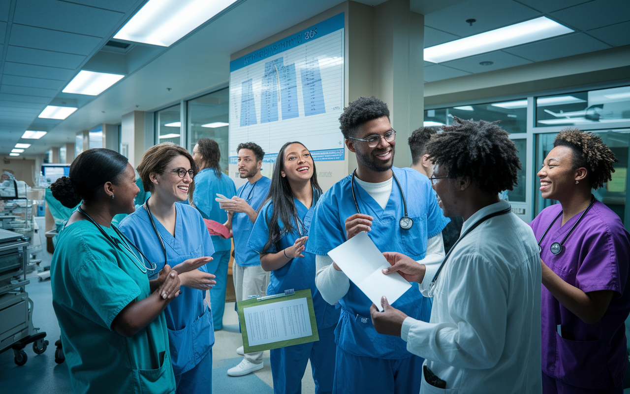 A bustling hospital scene depicting a diverse group of residents discussing pre-match offers. One resident is showing a letter to another with an excited expression. The setting is filled with medical equipment and a patient room in the background. Bright fluorescent lighting enhances the sense of urgency and energy in the air. A chart on the wall reflects patient care information, symbolizing the complexity of residency decisions.