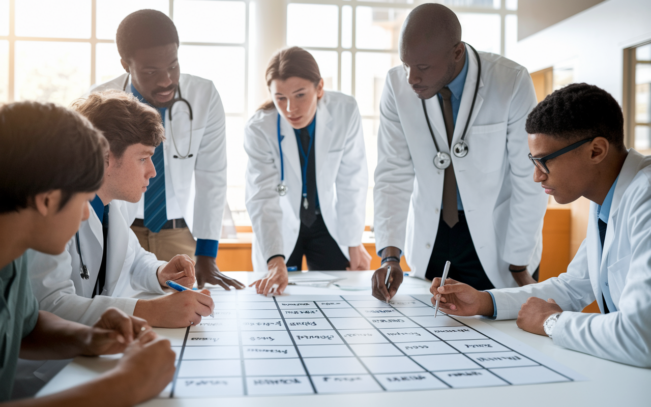 A collaborative workspace where medical students are gathered around a table, creating a decision matrix on a whiteboard. They are engaged in passionate discussions and jotting down notes about various residency programs, emphasizing the importance of thorough research and informed decision-making. The room is bright and filled with a sense of camaraderie.