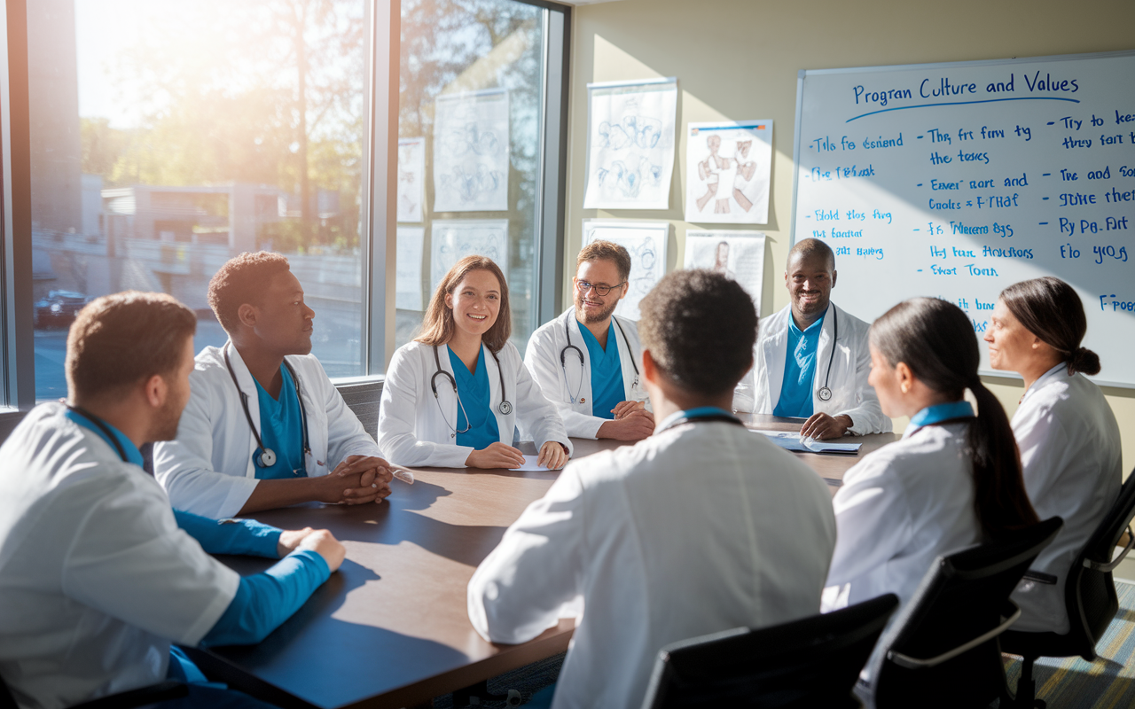 A group of medical residents sitting around a conference table, engaging in a lively discussion about their residency experiences. They exhibit diverse emotions, from enthusiasm to concern. The room is filled with medical posters on the walls, sunlight streaming through large windows, and a whiteboard filled with notes about program culture and values, illustrating the importance of fit and camaraderie.