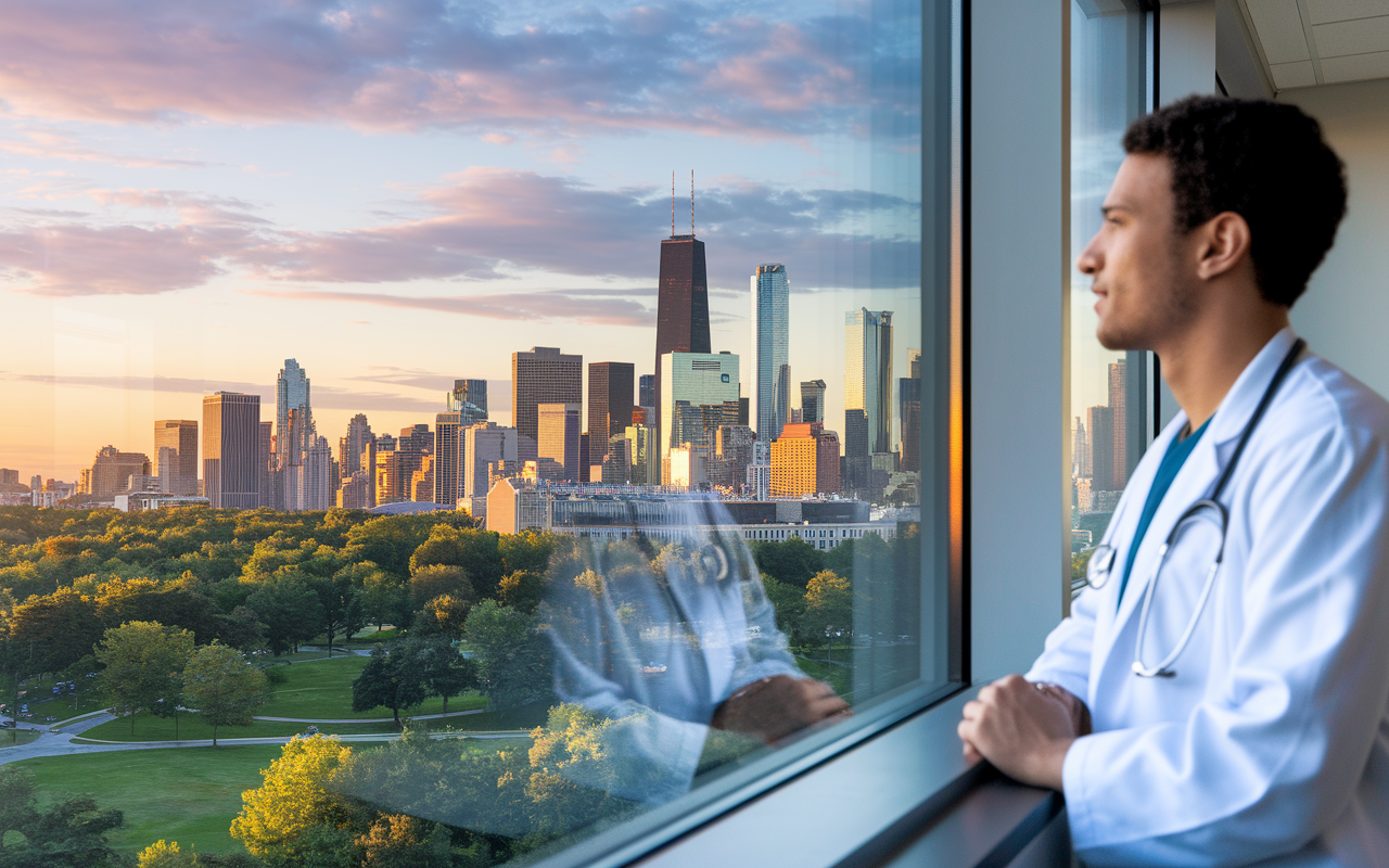 A scenic view of a metropolitan city from the perspective of a hospital’s window. The skyline displays a mix of modern and classic architecture, with green parks visible below. A thoughtful medical resident gazes out the window, contemplating the lifestyle and opportunities the city offers. The warm sunset casts a golden hue, suggesting the promise of new beginnings and adventures that await.