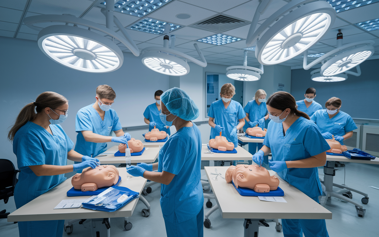 An interactive classroom of medical residents engaged in a hands-on clinical training session. They are practicing procedures on mannequins under the guidance of experienced faculty members. Bright overhead lights illuminate the energetic atmosphere, with charts and training materials scattered around, symbolizing a rich educational experience that prepares them for real-world challenges.