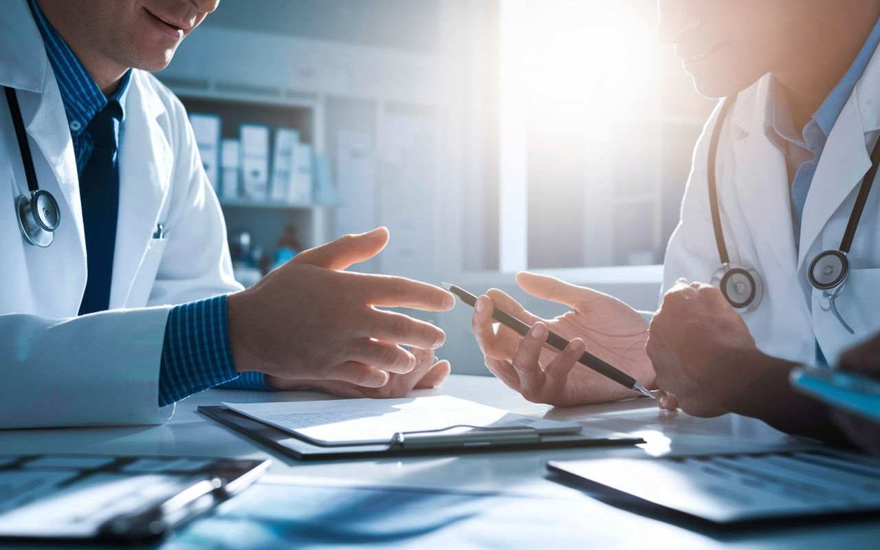 A close-up scene of a mentor and a resident discussing patient cases in a modern hospital office. The mentor, an experienced physician, shares insights and advice. The atmosphere conveys warmth and support, with clinical materials and patient charts surrounding them. Sunlight filters through the window, casting a hopeful ambiance, representing the importance of mentorship in shaping a successful medical career.