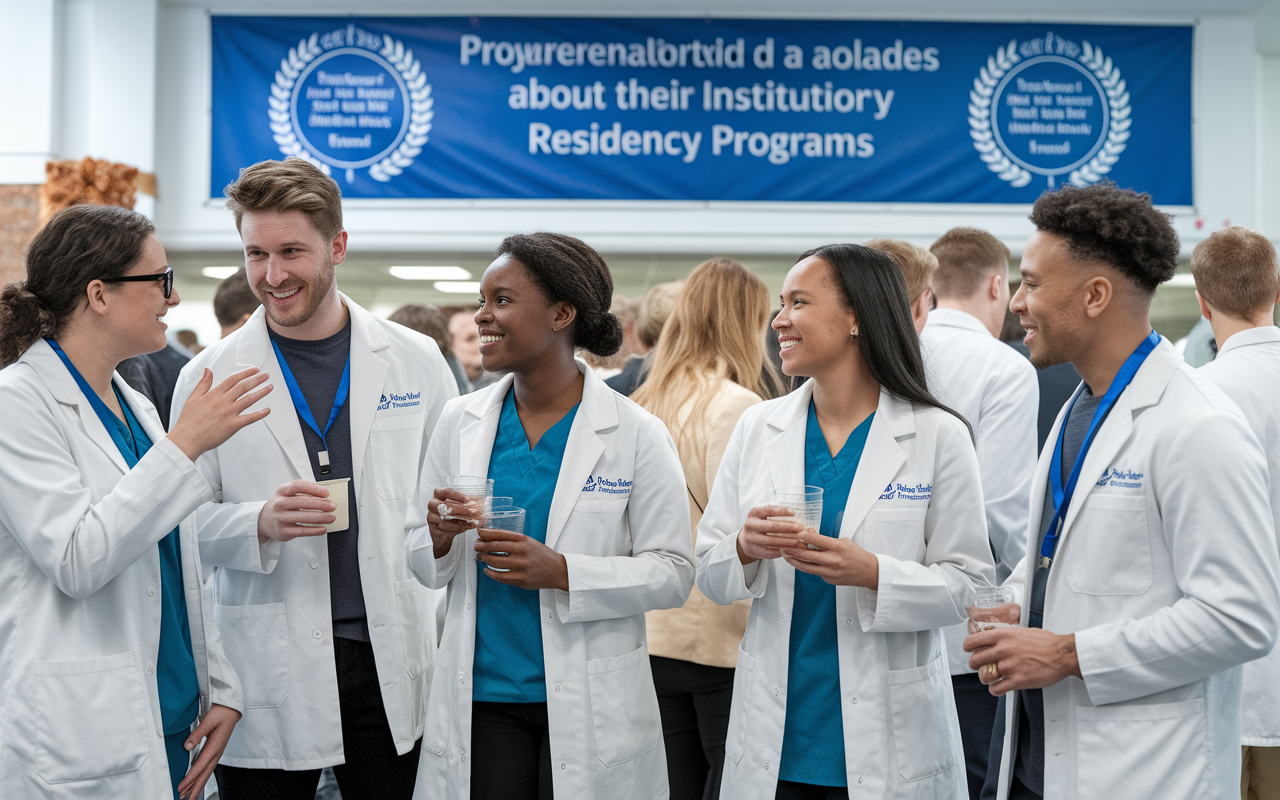 A group of successful alumni celebrating at a networking event, wearing their lab coats with pride. They engage in conversations, showcasing their achievements and sharing stories about their residency programs. A banner in the background displays the program’s accolades and statistics, symbolizing the success and impact of the institution on their careers.