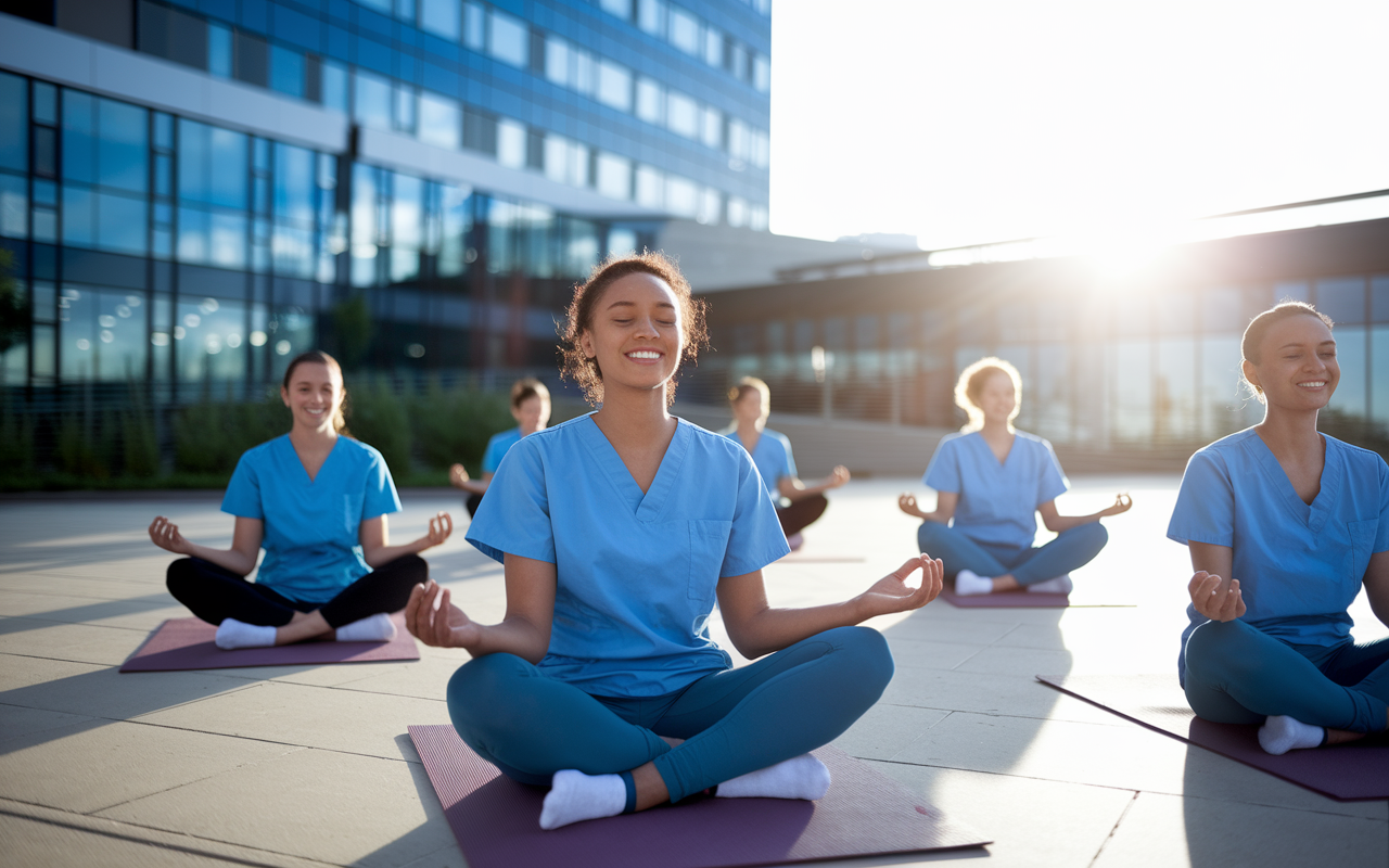 A serene scene of medical residents engaging in wellness activities, such as yoga or meditation, in a calm outdoor space near the hospital. The sun is setting, creating a peaceful atmosphere. The residents are smiling and relaxed, emphasizing the importance of mental health and work-life balance amidst the challenges of residency.