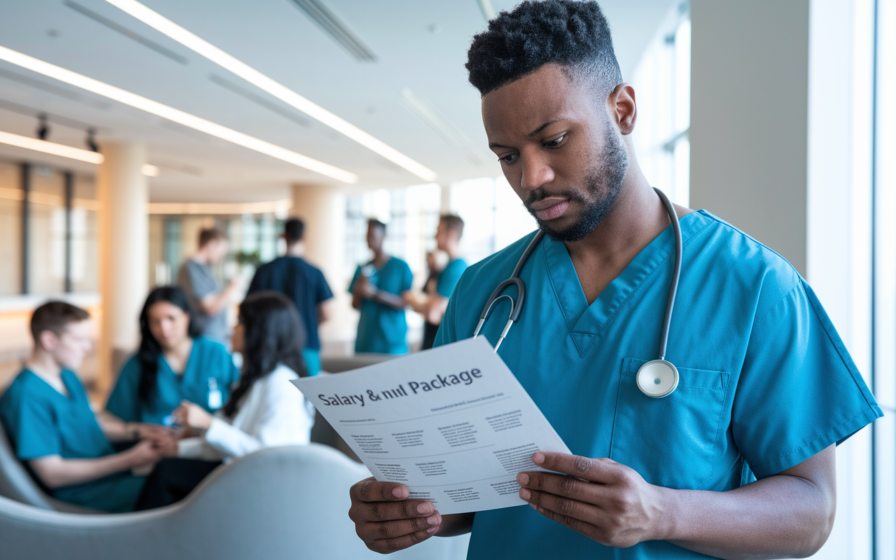 A thoughtful medical resident reviewing a salary and benefits package in a modern hospital's lounge area. The resident has a focused expression, comparing the offered benefits such as healthcare, stipends, and other perks. The bright space is filled with other residents engaging in discussions, reflecting the importance of financial planning and support in their training.