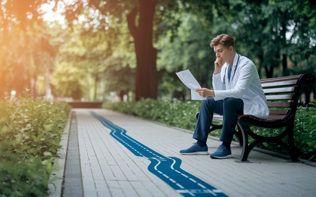 A young physician contemplating their career path in a peaceful park, surrounded by nature. They are sitting on a bench, looking at a roadmap that symbolizes various career opportunities and fellowship paths. The warm sunlight highlights the importance of long-term planning and reflects a sense of hope and ambition for future growth.