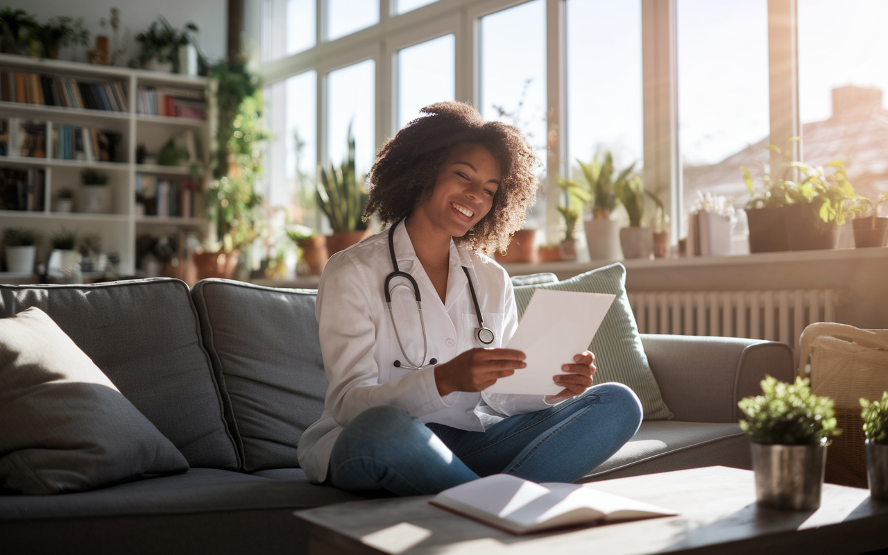 A relieved medical student in a cozy living room, smiling while holding a letter of acceptance in a sunny afternoon. The room is filled with personal mementos, plants, and textbooks, showcasing a mix of joy and preparation. Warm sunlight streams through large windows, casting soft shadows and enhancing the cozy atmosphere of achievement and tranquility.