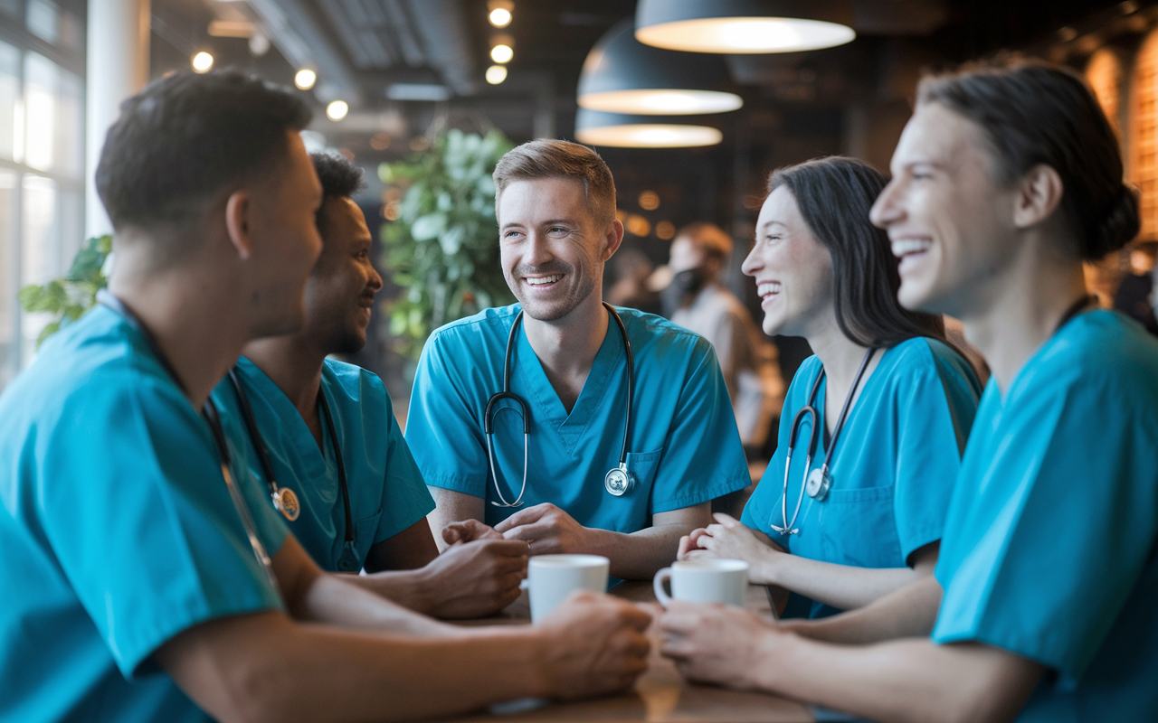 A lively scene featuring a group of medical residents in scrubs, socializing and laughing at a coffee shop, creating a nurturing environment for networking. The setting is filled with warm tones, and soft overhead lights create a welcoming atmosphere. The residents share stories and experiences, encapsulating the essence of camaraderie and professional growth in their medical journey.