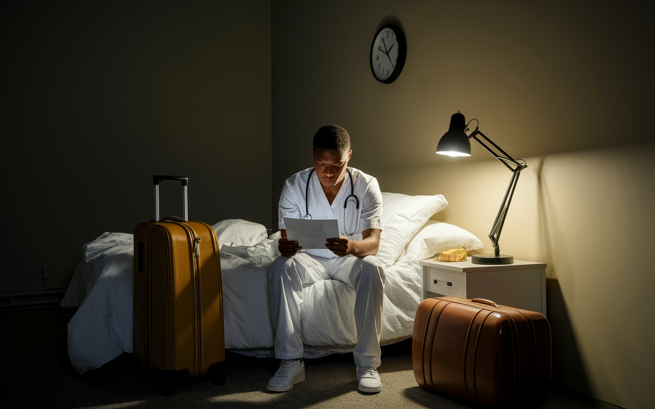 A concerned medical resident alone in a dimly lit room, staring pensively at their acceptance letter while sitting on a bed surrounded by unpacked luggage. The soft golden glow of a desk lamp contrasts with dark corners, depicting a moment of doubt and internal conflict. A wall clock in the background subtly indicates time passing, symbolizing the urgency and pressure they feel.