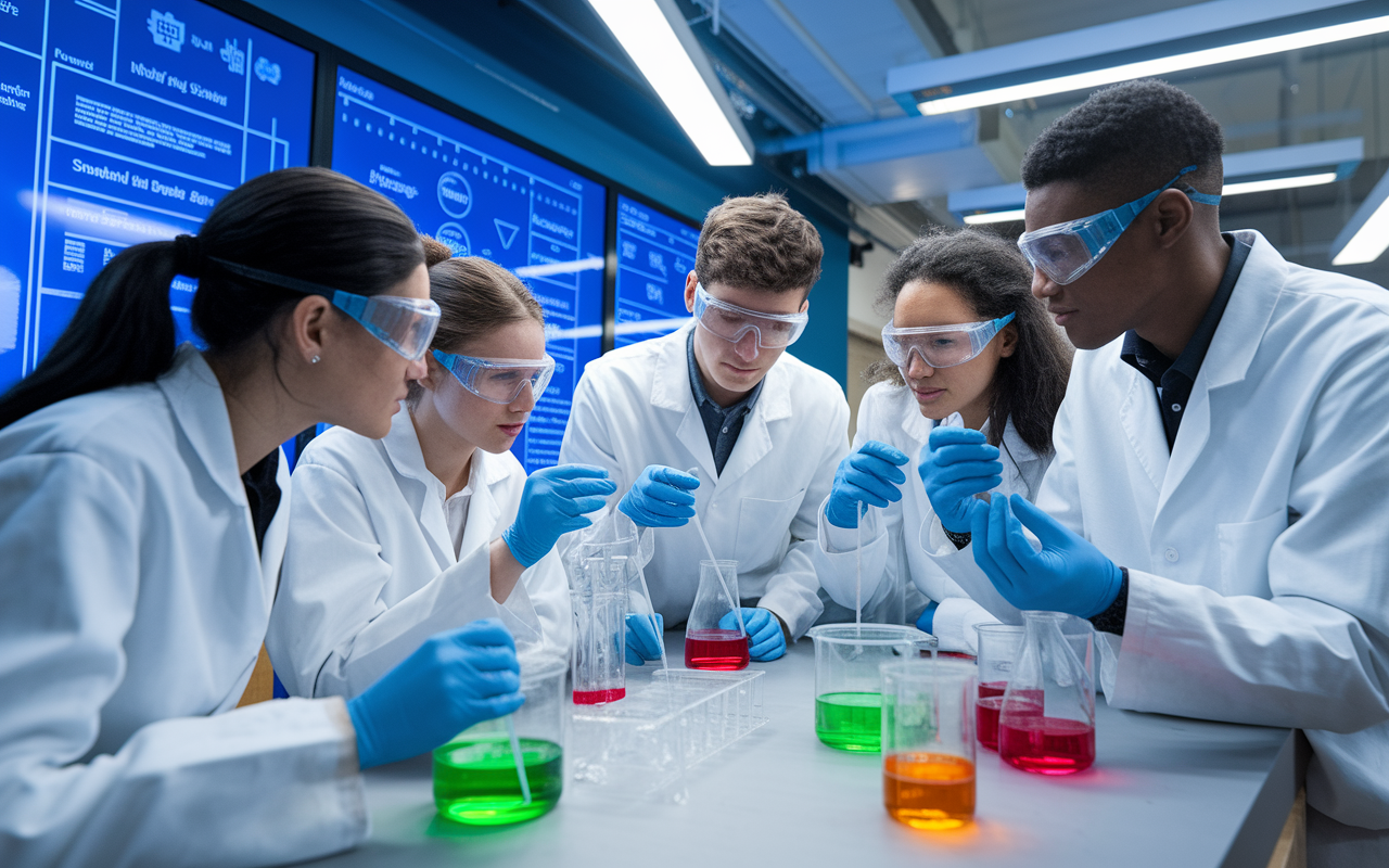 A diverse group of students in a modern research lab, wearing lab coats and safety goggles while conducting experiments. The laboratory is filled with high-tech equipment, colorful chemical solutions in beakers, and a large digital display showing data analysis. The close-knit team is collaborating passionately, showcasing teamwork and innovation in a dynamic scientific environment.