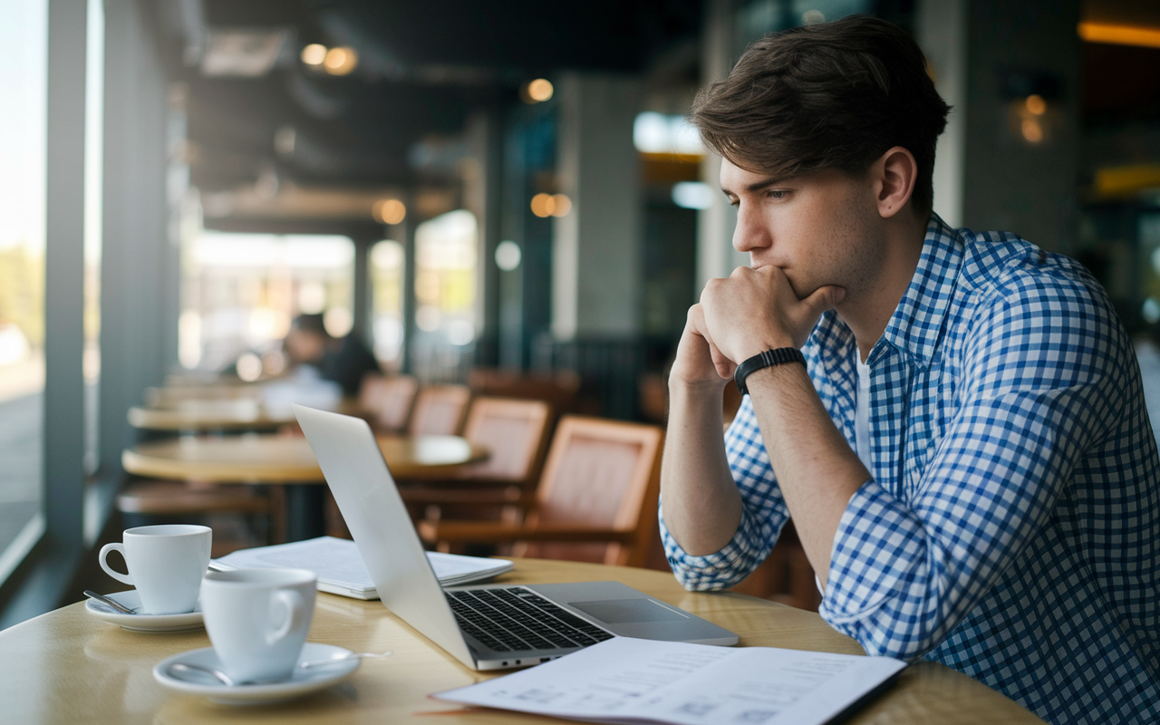 A thoughtful student sitting at a café table, reviewing a list of post-baccalaureate programs on a laptop. The scene captures a moment of contemplation, with coffee and study materials spread across the table. Soft light filters in through the window, illuminating the student's focused expression as he weighs his academic options.