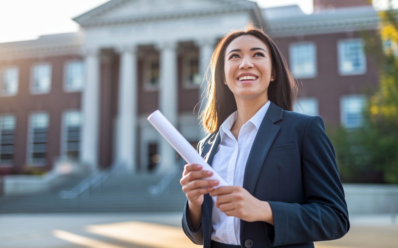 A determined young woman in professional attire, standing proudly outside a medical school with a diploma in her hands. The backdrop features an impressive medical school building with warm sunlight highlighting her joyful expression. This moment captures the culmination of hard work and dedication in her journey toward becoming a physician.