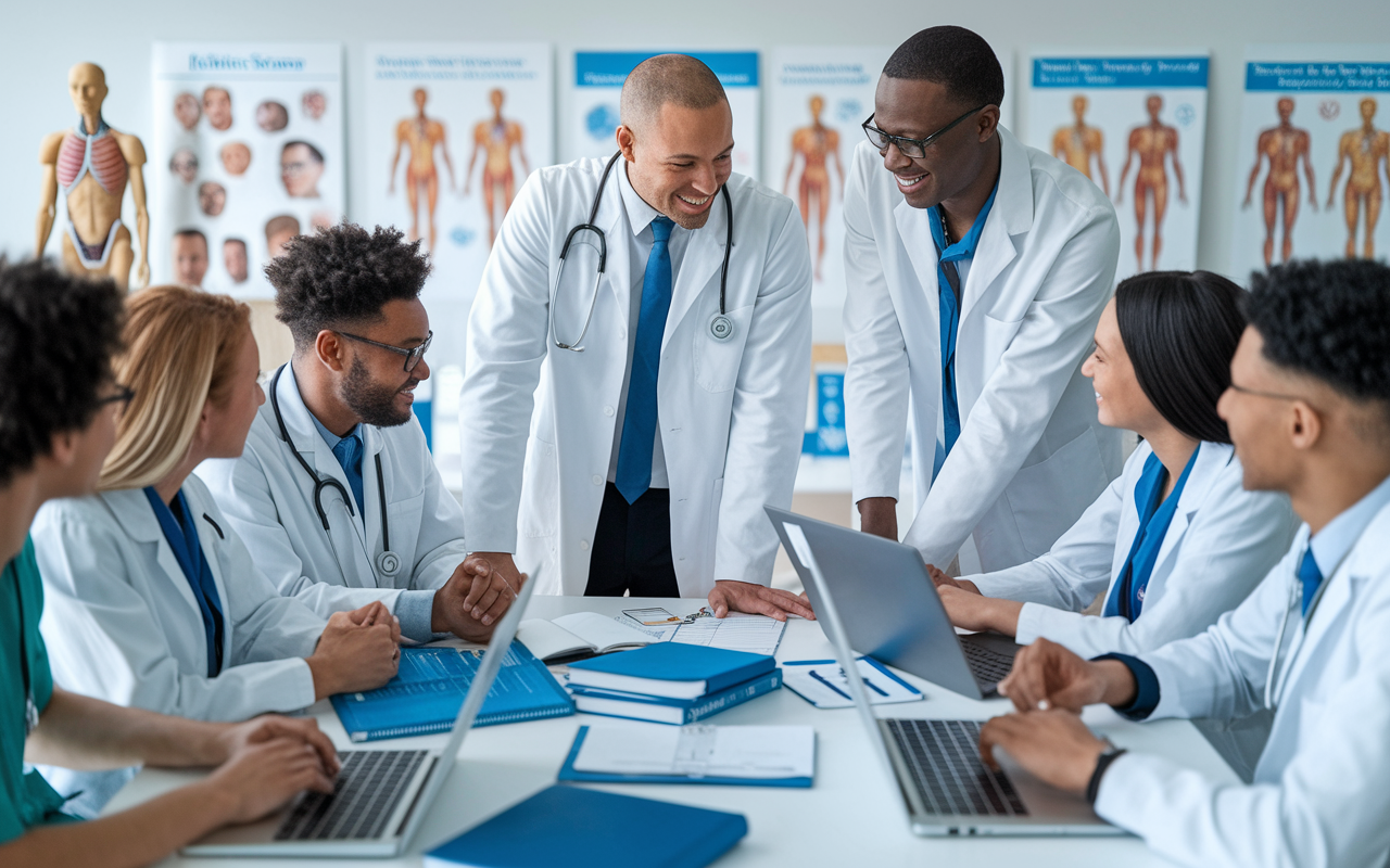 A hopeful group of medical students gathered around a table filled with medical books and laptops, discussing healthcare innovations. The setting is bright and collaborative, with anatomical models and medical posters in the background. This scene radiates enthusiasm and the shared passion for advancing in the medical field.