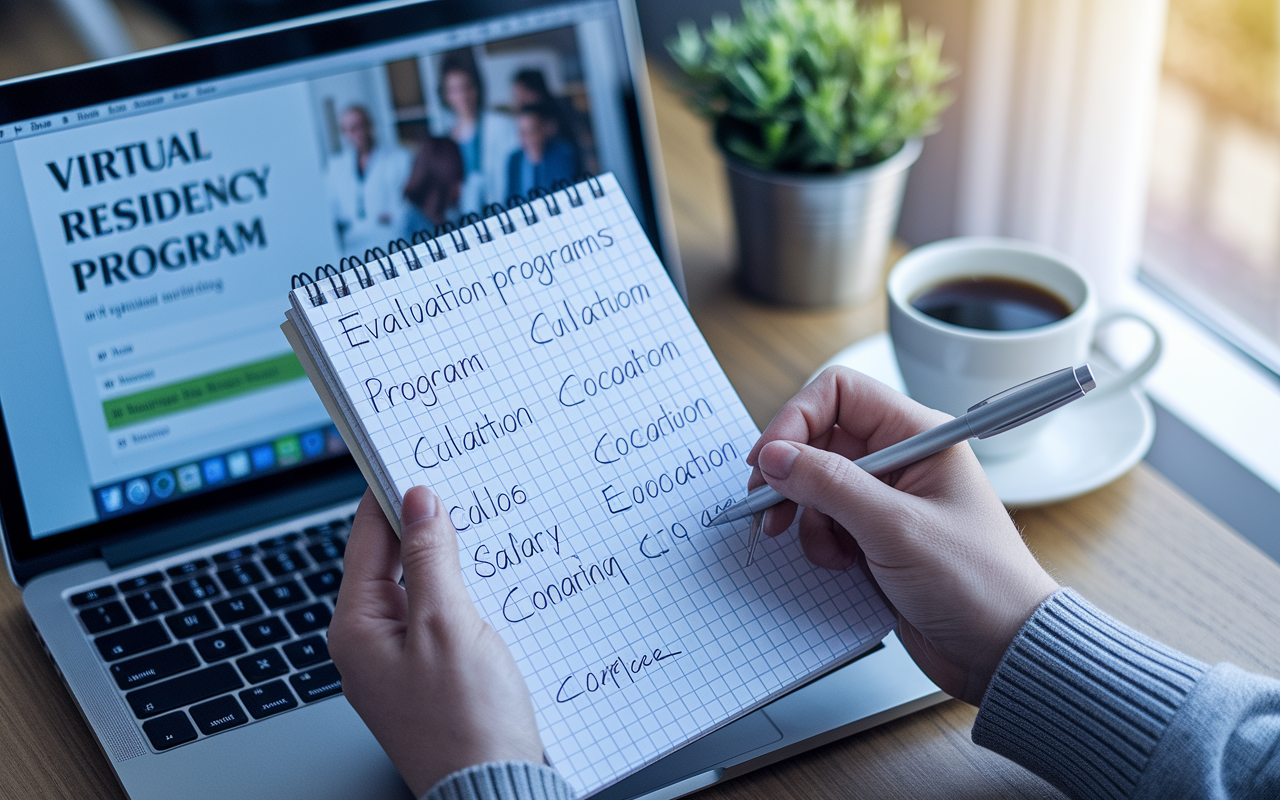 A close-up view of a student’s hands holding a notepad with an evaluation grid comparing different residency programs. The grid includes criteria like Program Culture, Location, and Salary, written in neat handwriting. The background shows a laptop screen open to a virtual residency program brochure, and a cup of coffee sits beside the notepad, conveying an atmosphere of serious evaluation. Soft natural light streaming through a nearby window adds a calming touch to the scene.