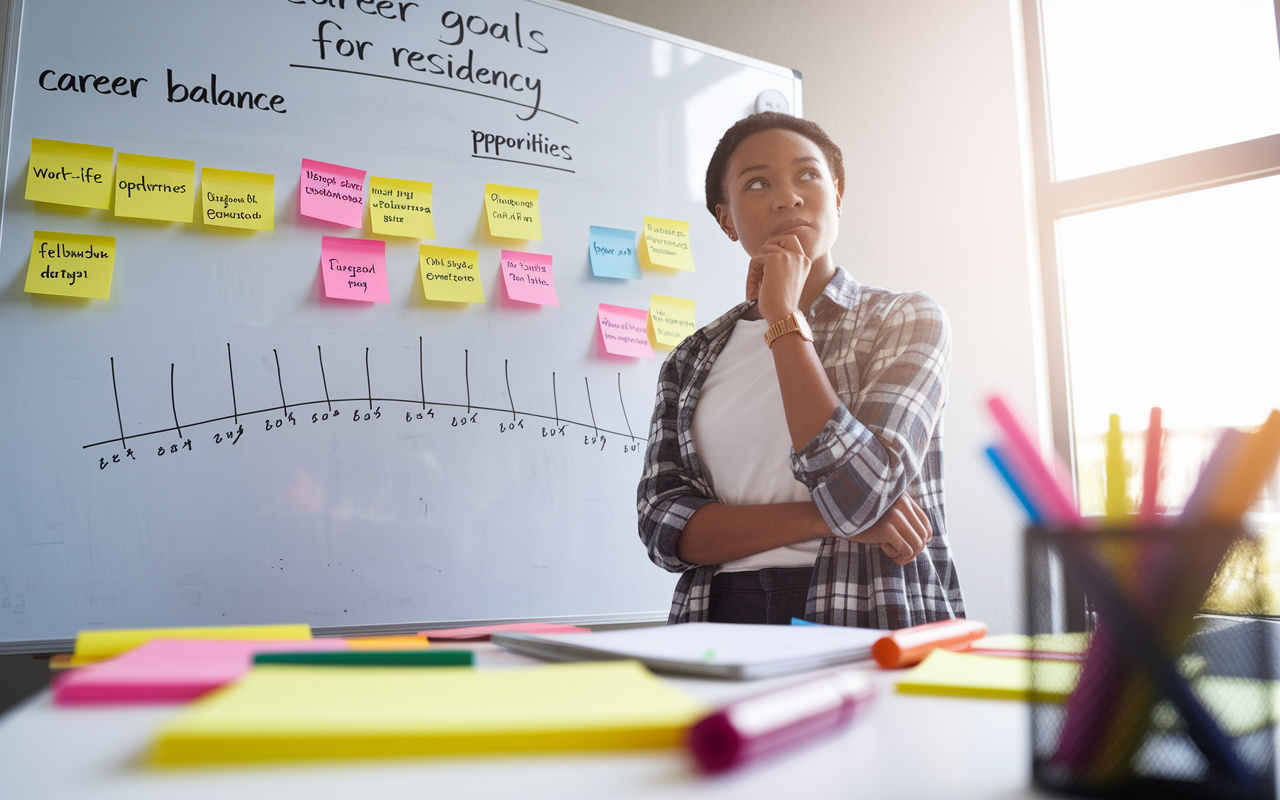 A thoughtful student stands in front of a large whiteboard covered with sticky notes and diagrams outlining their career goals and priorities for residency. The notes include elements like 'Work-Life Balance' and 'Fellowship Opportunities'. The student is surrounded by colorful markers, and a timeline of residency dates is drawn on the board. The scene presents an atmosphere of careful planning and introspection, with bright lighting enhancing the creativity of the moment.