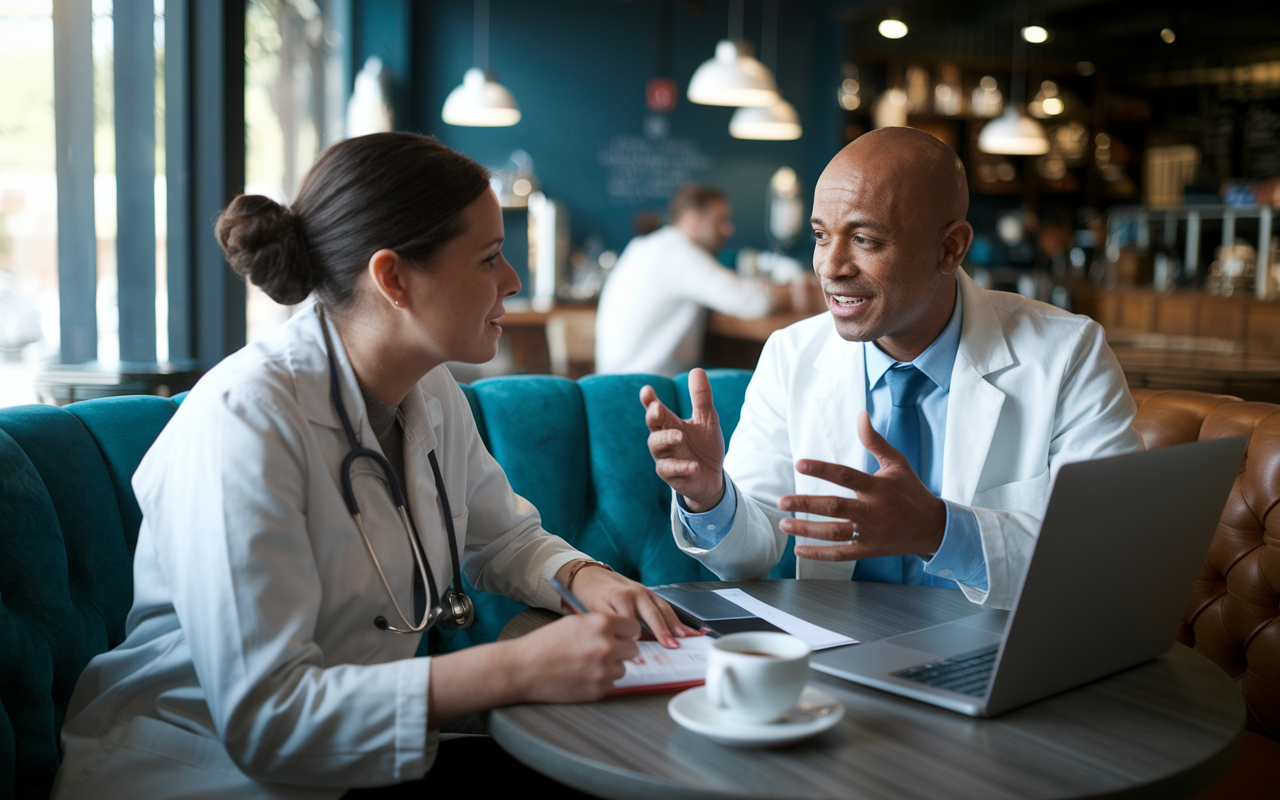 A medical student is sitting in a cozy, well-lit coffee shop, engaged in a conversation with a mentor who is offering advice on evaluating residency offers. The setting is warm and inviting, with coffee cups on the table and a laptop open with residency program details displayed. The mentor is animatedly speaking, while the student takes notes, creating a sense of support and mentorship in the decision-making process.