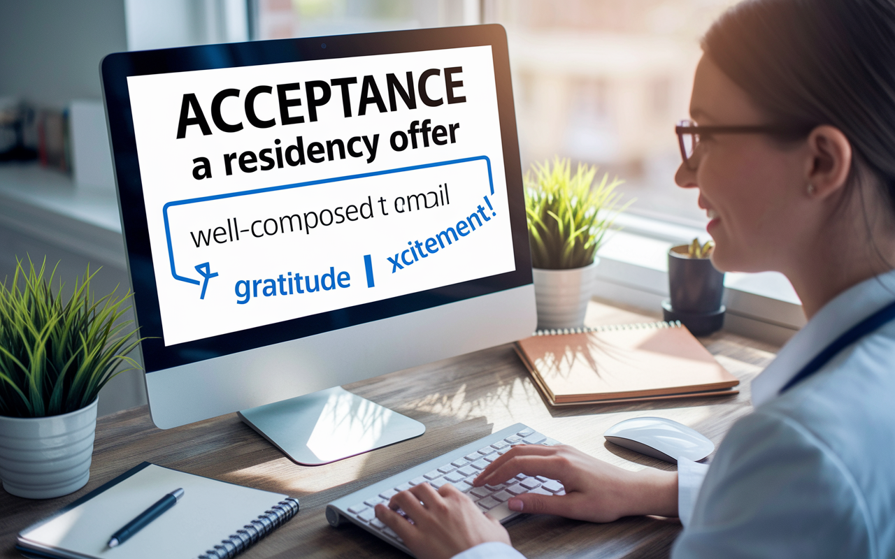 A focused medical student prepares to send an email accepting a residency offer. The computer screen displays a well-composed acceptance email with expressions of gratitude and excitement. The desk is organized with a professional notebook and a plant, indicating a sense of order. Soft, natural light streams in, enhancing the feeling of clarity and positivity surrounding their decision.